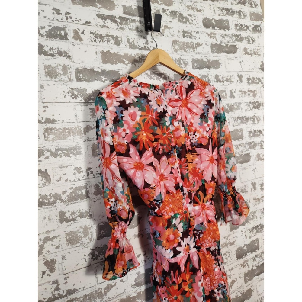 Tahari Arthur S. Levine Faux Wrap Dress Size 8 Red Pink Floral Belted 3/4 Sleeve - Picture 9 of 16